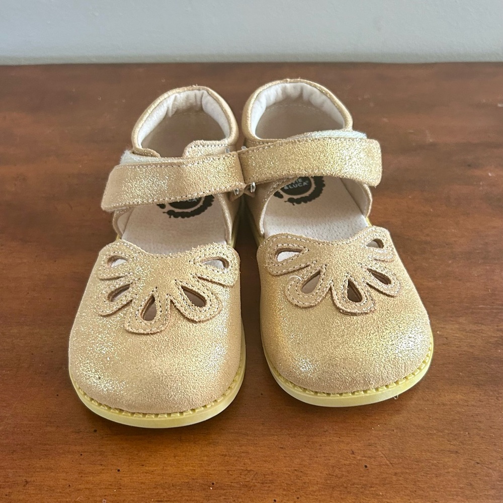 Livie & Luca Gold Floral Cutout Dress Shoes with Velcro Strap